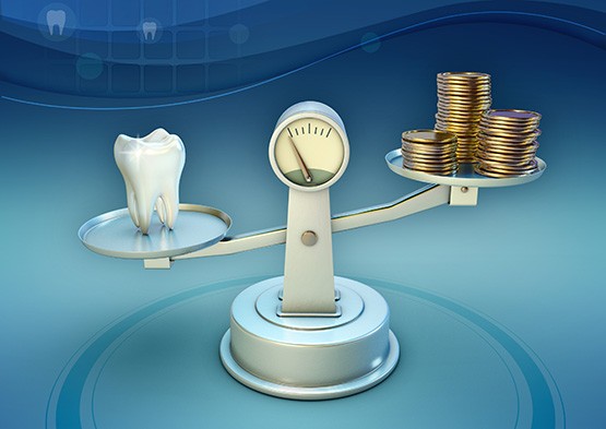 Teeth and coins on a balance scale